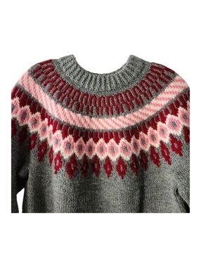 Vintage Handmade Fair Isle Sweater Women M-L Cottagecore Pullover 90s Gray Red